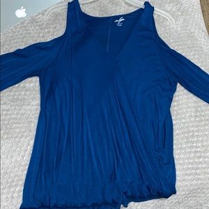 Blue long sleeve shirt open shoulders